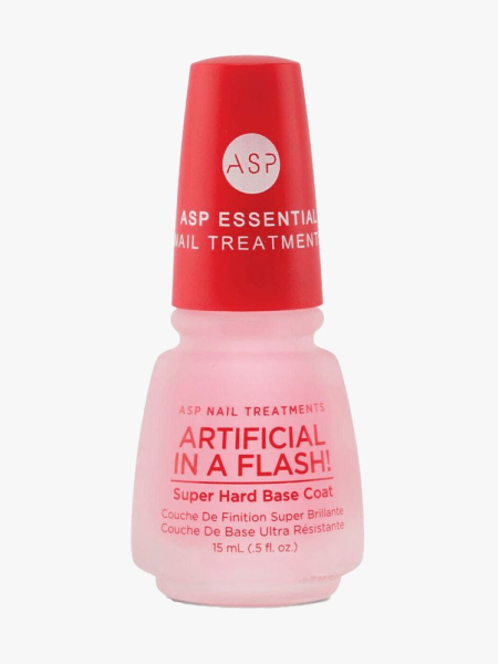 Nail Essentials by ASP Artificial in a Flash Super Hard Base Coat red bottle of base coat on light gray background