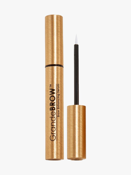 Grande Cosmetics GrandeBrow Brow Enhancing Serum gold vial of brow serum on light gray background