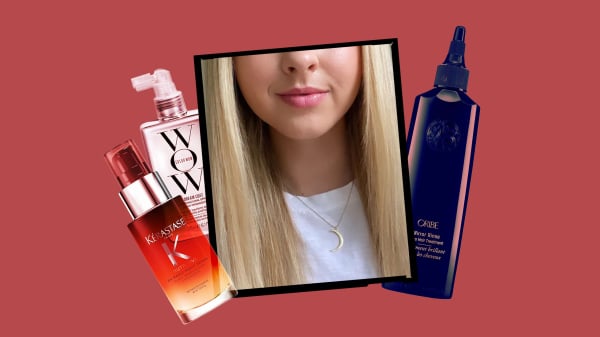 Image contains a closeup of an Allure editor's hair surrounded by a collage of treatments for damaged hair